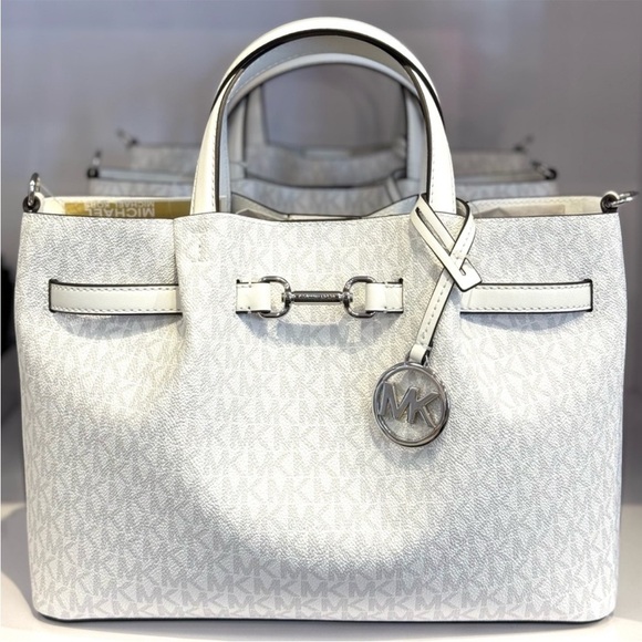 Michael Kors Carson Medium Signature Logo Satchel Bag Optic White - Picture 2 of 9